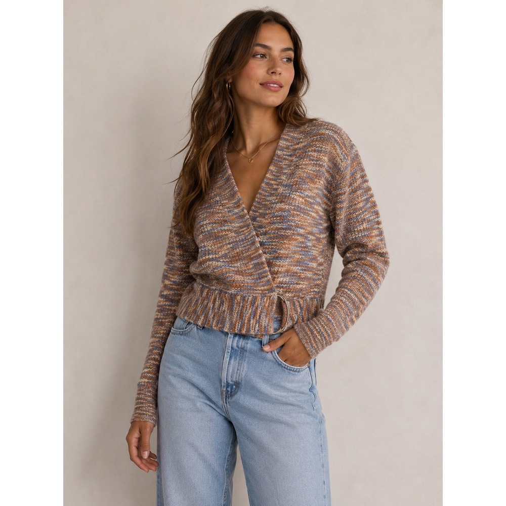 Nine West Wrap Cardigan Womens XS Multi Color D-Ring Space Dye Sweater Fall